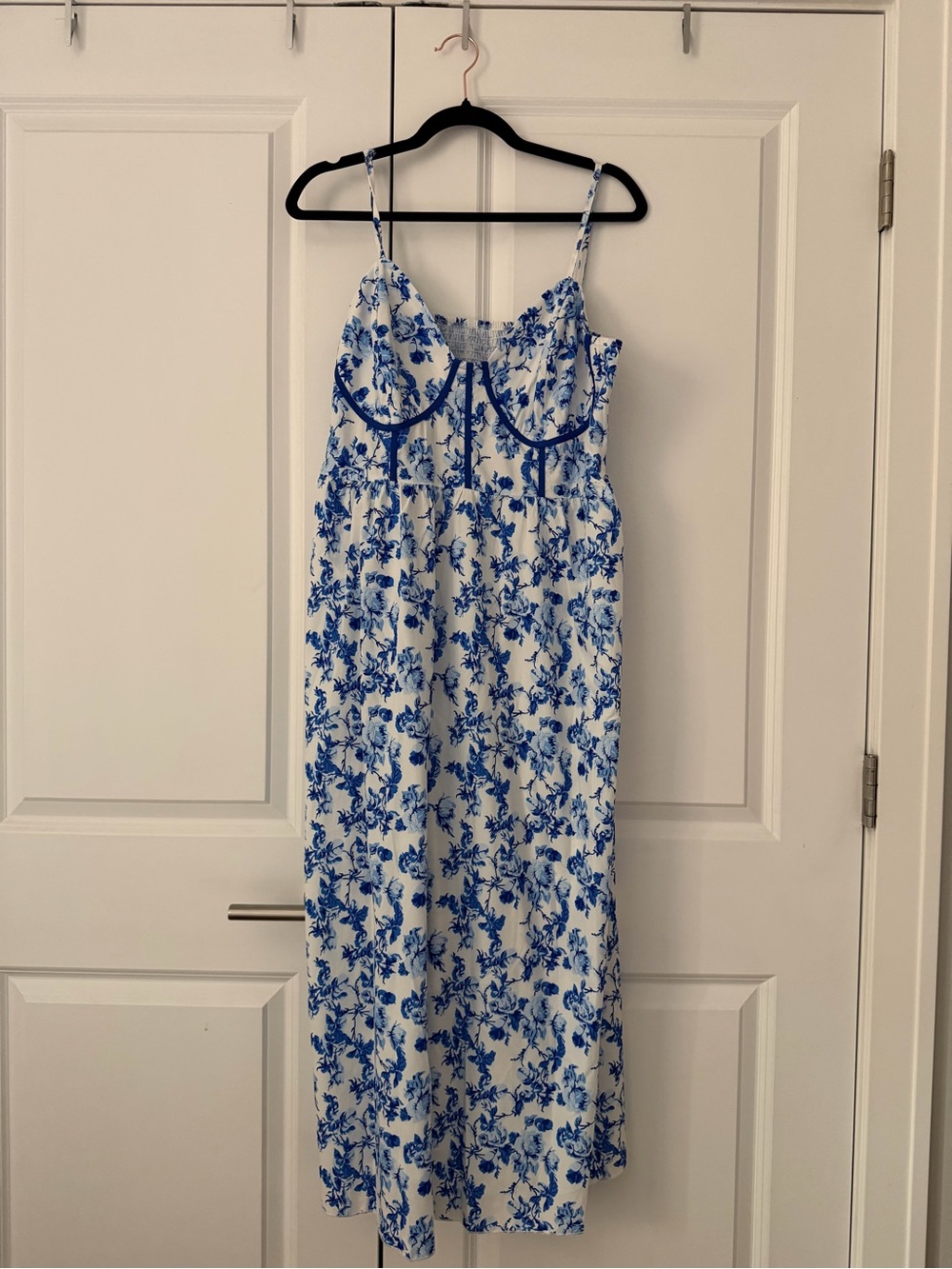 Blue & White Floral Spaghetti Strap Midi Dress